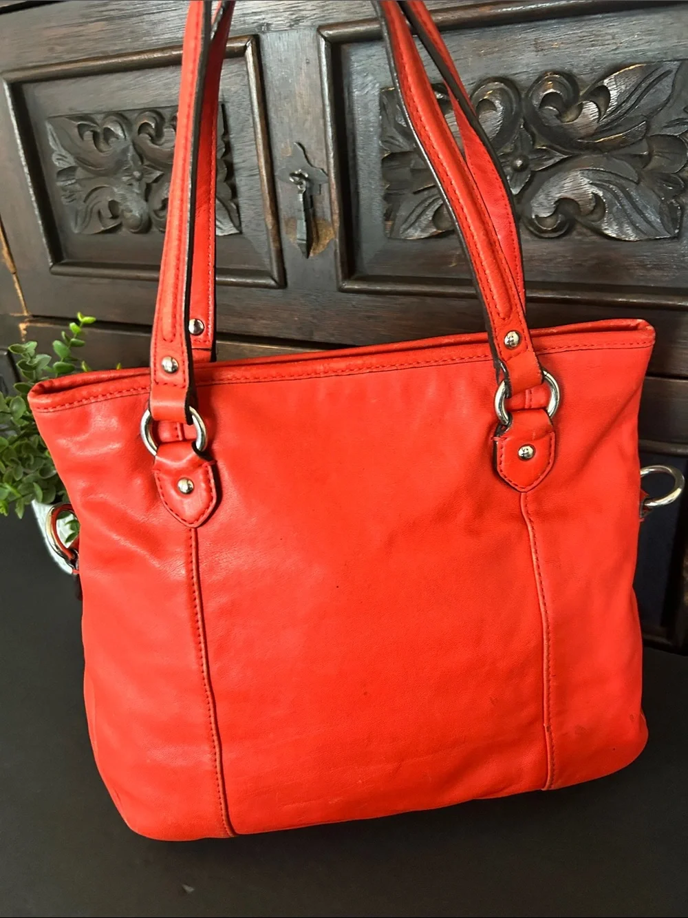 Coach Orange-Red Leather Shoulder Tote with Front Zip Pocket